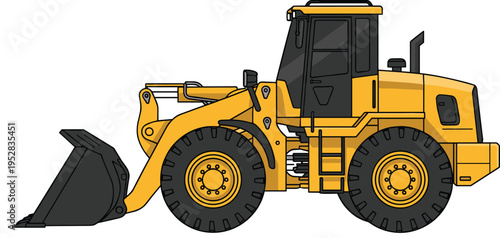 Detailed side view illustration of yellow front‑end loader with large tires, hydraulic arms and bucket, heavy construction equipment used for earthmoving, loading gravel, dirt, and debris
