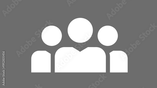 White minimalist icon of three stylized people on gray background, representing a user group, team, community, or social network symbol.