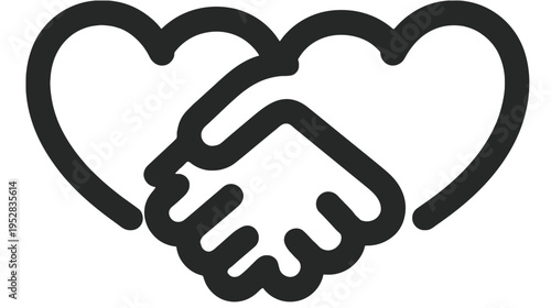 Outline icon of two hands shaking within intertwined hearts, symbolizing unity, trust, friendship, and loving agreement.