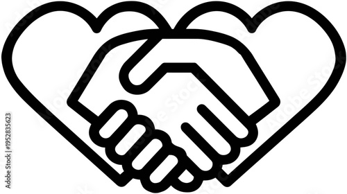 Vector Line Icon of Handshake within Heart Shapes Representing Partnership, Agreement, Love, Trust, and Social Unity