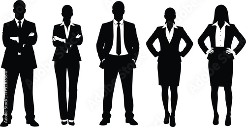 Silhouette illustration of confident business professionals standing in row, corporate teamwork, leadership, diversity, office attire, vector art concept