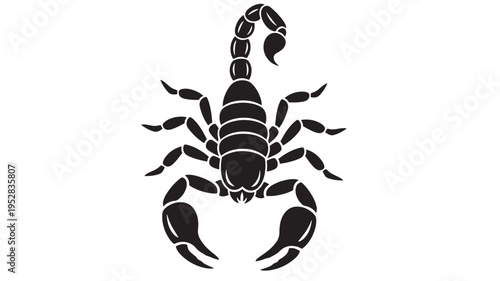 Scorpion silhouette black icon featuring prominent pincers and a segmented tail raised defensively against a white background.