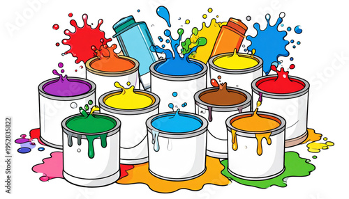 A collection of colorful paint cans with vibrant splashes of liquid paint overflowing the containers Vector