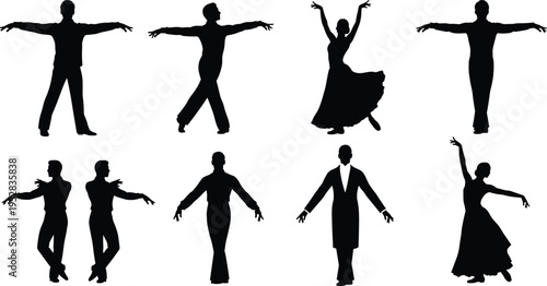 Silhouette illustration of dancers in elegant poses, cultural performance, artistic movement, expressive choreography, dance diversity, vector art concept
