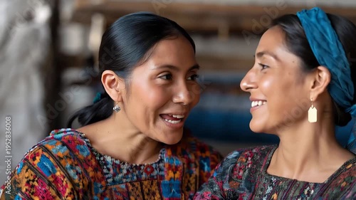 Guatemalan textile cooperative members operating fair-trade weaving business in bright workspace, traditional looms producing colorful fabrics while treasurer manages online orders, ideal for