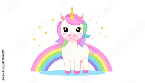 A cute cartoon unicorn with a flowing rainbow mane standing in front of a colorful arched rainbow Vector