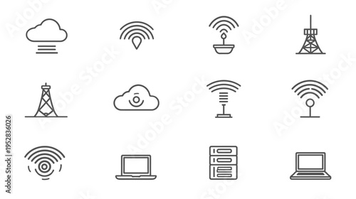 Modern Technology and Communication Line Icons Set. Cloud Computing, Wireless Signal, Wi-Fi, Internet, Network Devices