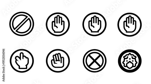 Stop, Warning, and Prohibition Icon Set. Danger, Forbidden, Denied, No Entry, and Safety Symbols with Hand Gestures