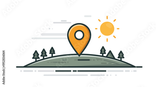 GPS navigation pointer on a scenic hill with forest and sun, travel destination concept