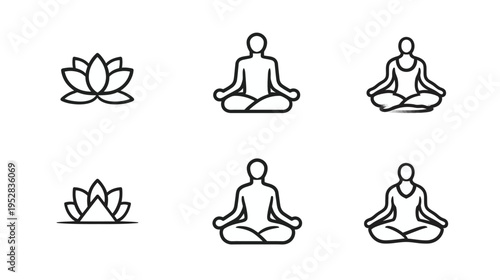 Mindfulness and Meditation Line Art Icon Set with Lotus Flowers. Yoga, Wellness, Relaxation, Spiritual Harmony Symbols.