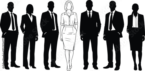 Silhouette illustration of diverse business professionals standing together, leadership concept, teamwork, corporate identity, office attire, vector art design