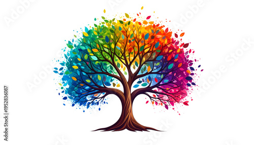A vibrant tree featuring a spectrum of colors across its lush canopy and intricate wooden trunk Vector