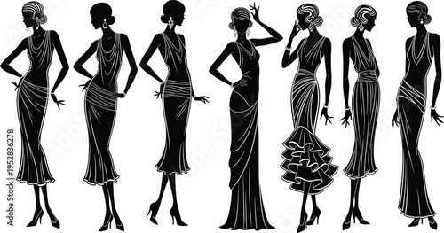 Silhouette illustration of elegant women in vintage evening gowns, retro fashion style, glamorous costume design, historical clothing, vector art concept