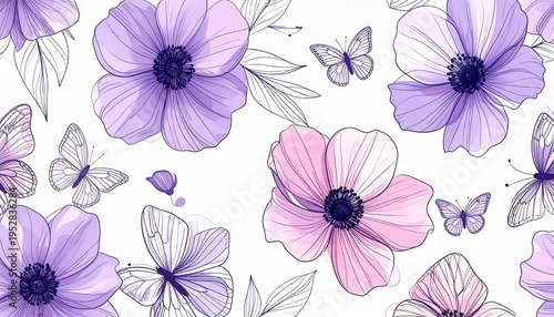 Elegant purple and pink anemone flowers with butterflies on white background watercolor floral pattern for romantic wedding invitations and decor