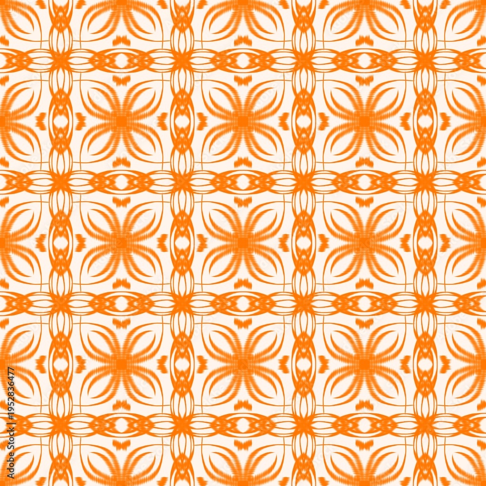 Fototapeta premium Orange and white ikat geometric seamless pattern background with traditional ethnic tribal ornament and abstract textile texture for wallpaper, fabric, and digital design.