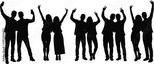 Silhouette illustration of group celebration with joyful people raising arms, taking selfies, social gathering, unity, friendship, vector art concept