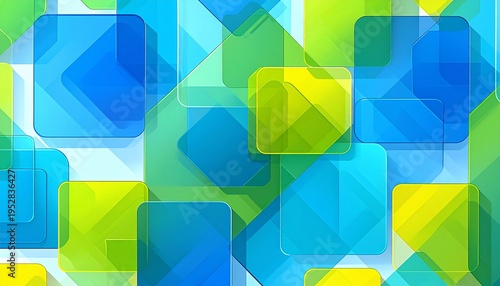Modern Abstract Geometric Background with Blue Green and Yellow Overlapping Transparent Squares for Business Presentation and Web Graphic Design