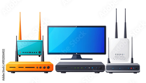 A collection of various modern electronic networking equipment including routers and a computer monitor Vector