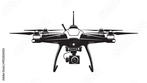 Drone quadcopter with camera and antenna, stylized black silhouette on white background, aerial photography device for future technology.