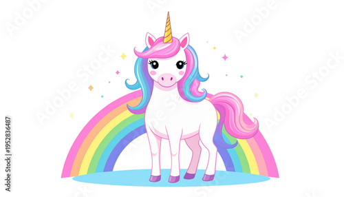 A cute magical unicorn with a colorful rainbow mane and tail standing in front of a bright rainbow Vector