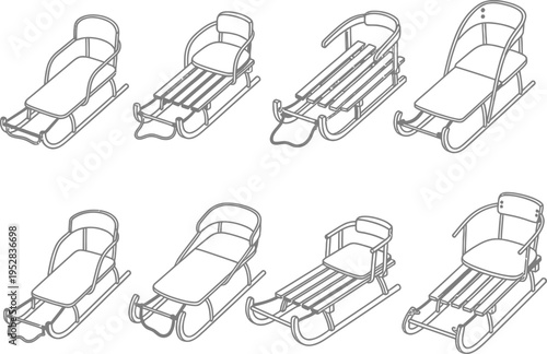 Collection of eight sleds with different seat and backrest in outline style sledge winter snow transport