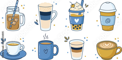 A set of colorful cartoon coffee and tea drinks in various cups and mugs with confetti