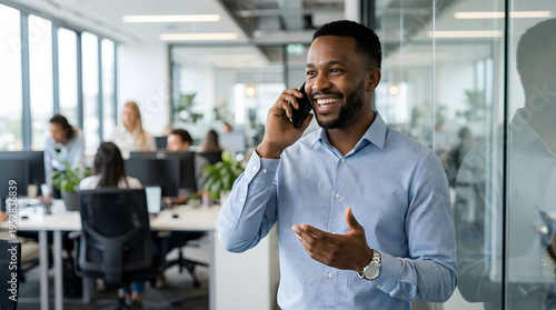 Smiling African American businessman talking on a mobile phone in a modern office.