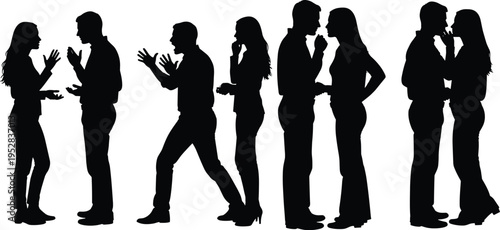 Silhouettes of couples arguing, reconciling, and kissing, depicting emotional journey of relationship conflict, resolution, intimacy, and love