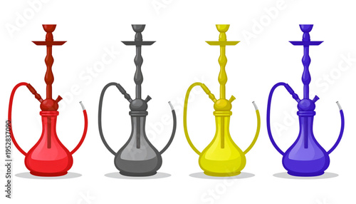 A collection of four vibrant hookah pipes in red, grey, yellow, and blue colors for smoking shisha Vector