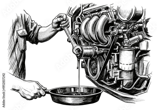 Mechanic performing oil change on car engine with wrench and oil drain pan