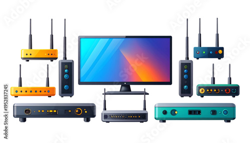 Collection of various internet network routers and a computer monitor for modern office setups Vector