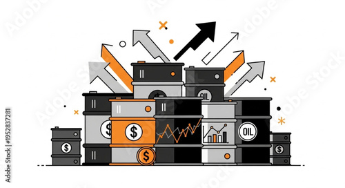 Oil Price Surge - Barrels Stacked High with Rising Arrows.