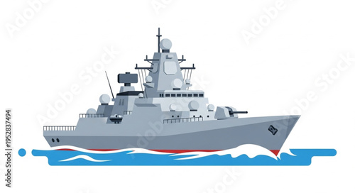 Vector Illustration of a Modern Warship on the Water.