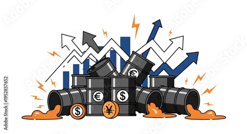 Oil Price Surge - Barrels, Currency Symbols, and Upward Trends.