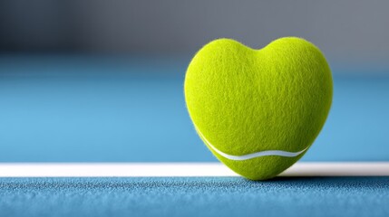 Heart-shaped tennis ball rests on blue court. Soft focus background enhances romantic theme. Perfect for sports, love, or Valentine's Day concepts. Ideal for ads, blogs, or greeting cards