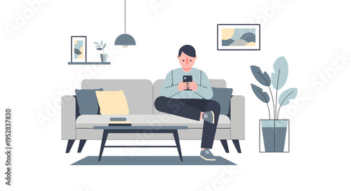 Man Sitting on Sofa Using Smartphone in Modern Minimalist Living Room Illustration