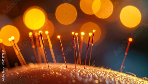 Close‑up of acupuncture needles with glowing orange lights, symbolizing healing energy, traditional medicine, and therapeutic practice.