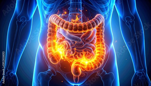 Medical illustration of intestines with glowing fiery effect, symbolizing gastrointestinal inflammation, digestive disorders, and abdominal health visualization.