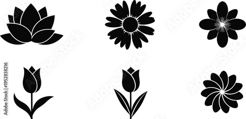 Six black flower arranged in two rows on a white background flower lotus daisy tulip floral symbol botanical black and white