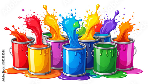 A vibrant assortment of colorful paint buckets with dynamic splashes erupting from their containers Vector