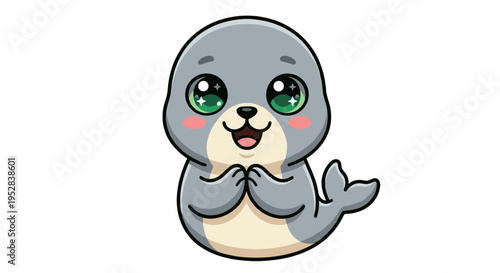 A cute cartoon seal with big green eyes and a happy expression