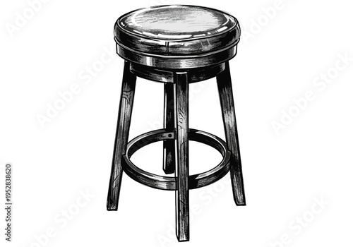 Hand-drawn illustration of a classic swivel bar stool with a padded seat and wooden legs