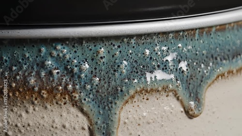 Close-up of a ceramic glaze with unique texture and drips.