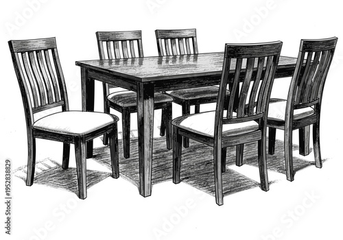 Classic wooden dining table and chairs set with upholstered seats, rendered in black and white