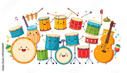 A vibrant collection of cheerful musical instruments with happy faces and colorful drum designs Vector