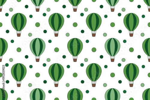 Seamless green hot air balloon pattern with polka dots, playful sky travel background design in cute vector style