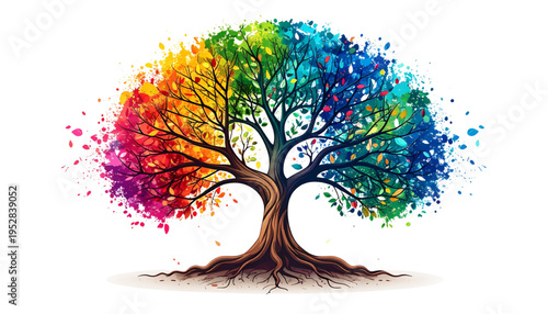 A majestic tree with a vibrant canopy displaying a spectrum of rainbow colors and artistic foliage Vector