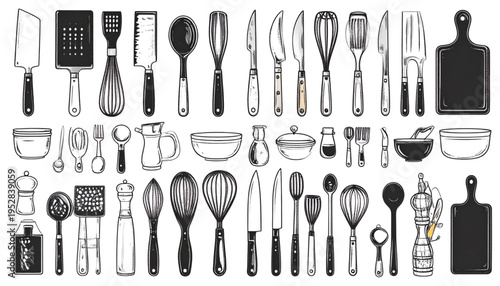 Collection of various kitchen utensils and culinary tools drawn in a detailed vintage sketch style Vector