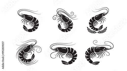 Shrimp set black silhouette icons with elegant decorative flourishes and laurel wreath elements featuring prawn, seafood, crustacean with icon and