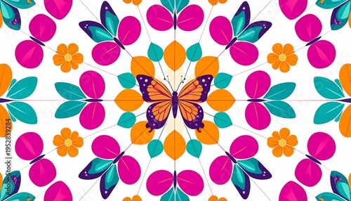 Colorful Butterfly Symmetrical Pattern with Floral Elements and Vibrant Spring Colors for Decorative Textile Design and Nature Backgrounds